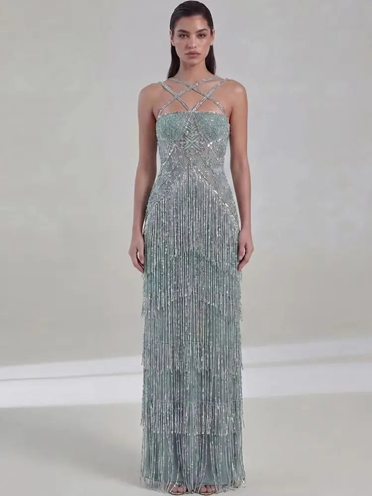 Sage Green Art Deco Beaded Evening Gown Criss Cross Straps Tiered Sequin Fringe Luxury Formal Dress For Prom Red Carpet Birthday