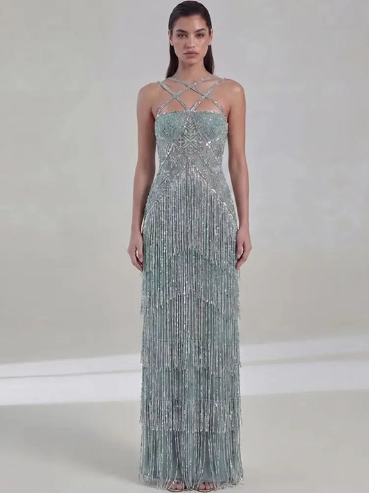 Sage Green Art Deco Beaded Evening Gown Criss Cross Straps Tiered Sequin Fringe Luxury Formal Dress For Prom Red Carpet Birthday