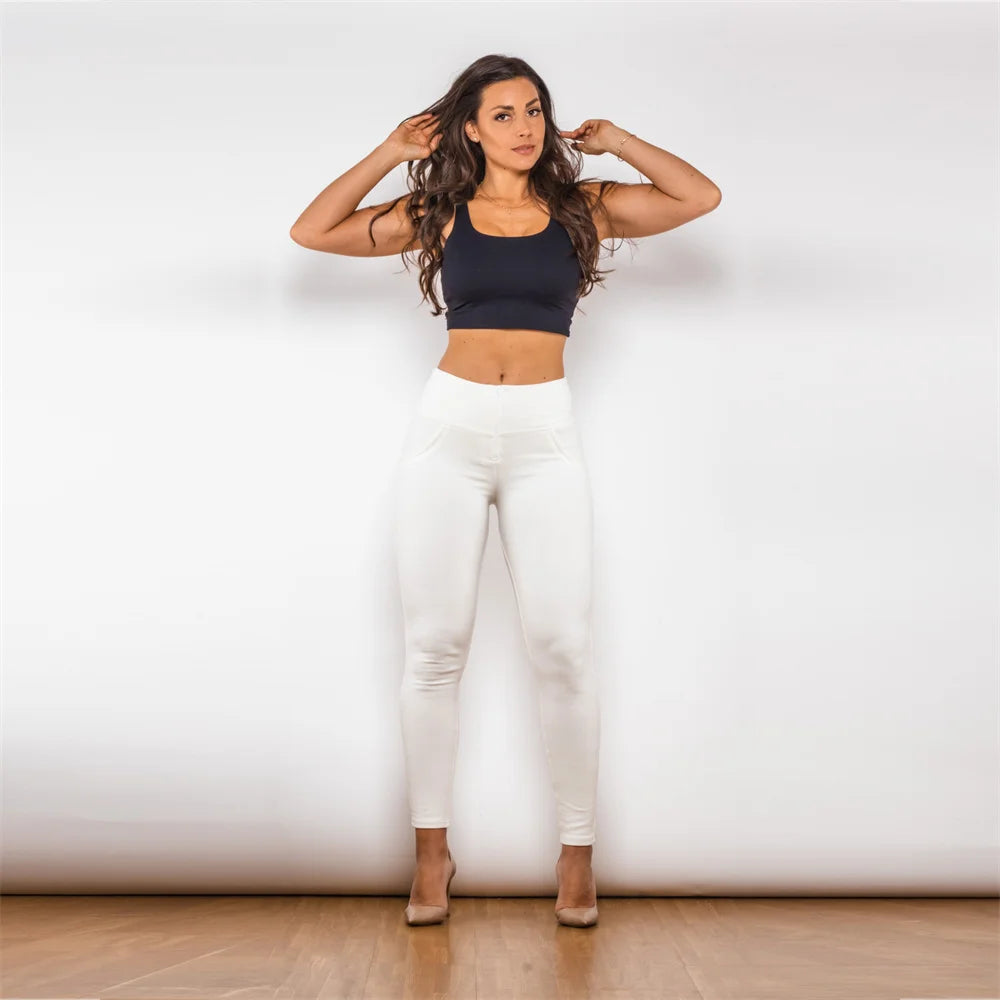 High-Waisted White Fitness Leggings for Women Sports Tights Scrunch Bum Lifter
