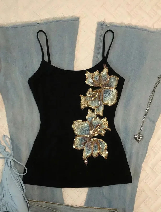 Summer Sweet Chic Design Lace Spliced Halter Tanks Slim Fit Flower Prints Hotsweet Backless Women Blouses