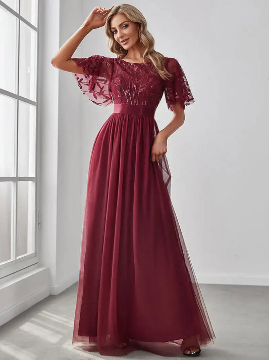 Print Maxi Long with Cap Sleeve Ever Pretty of Burgundy Gauze Prom Dresses Of Women