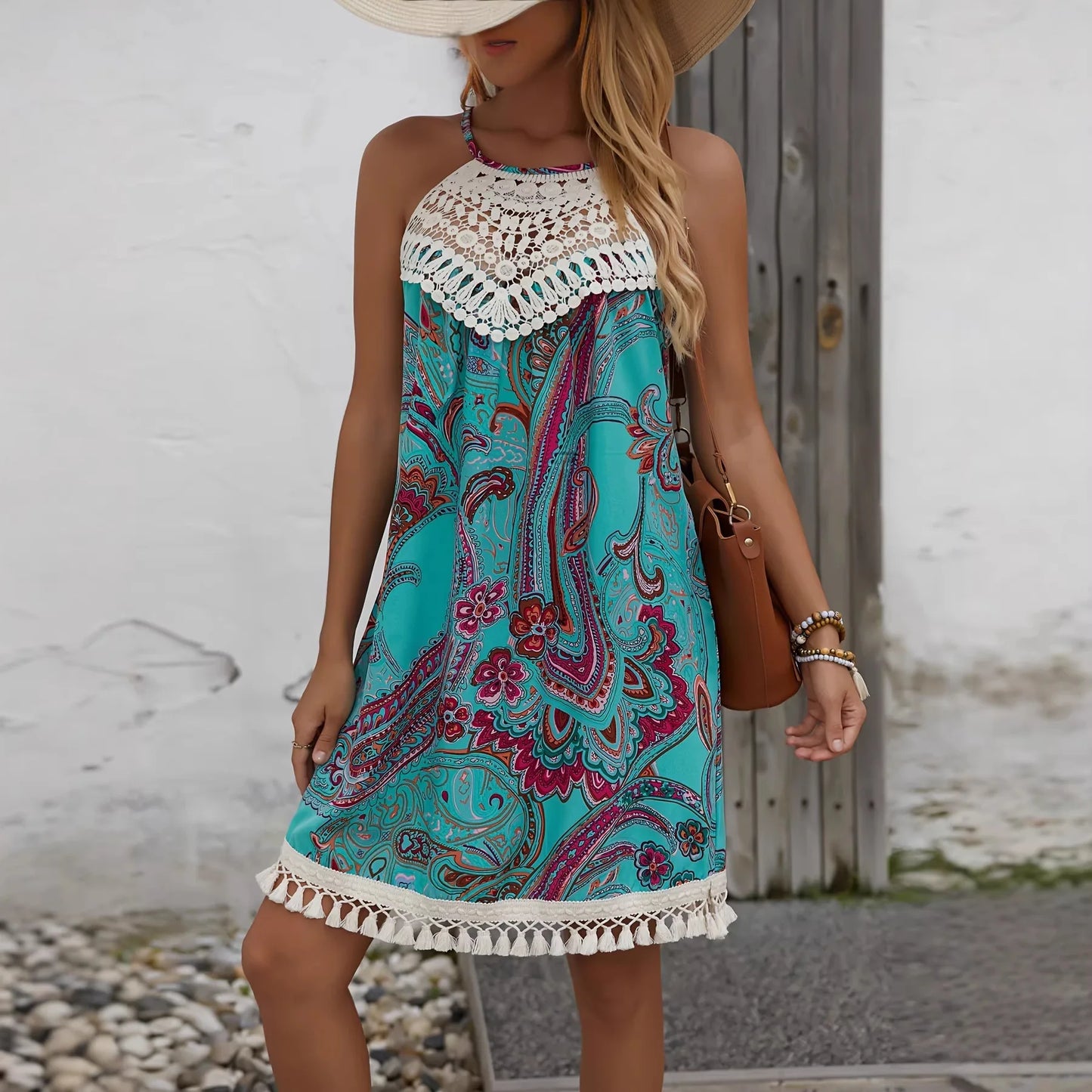Vintage Paisley Print Halter Mini Dress, Lace Fringe Patchwork Bohemian Vacation Dress