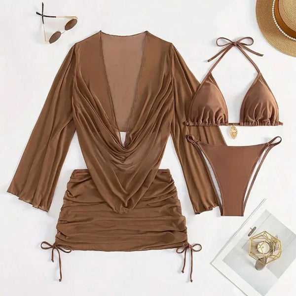 Sexy Solid Color Bikini Set With Sheer Cover-Up, Suitable For Vacation, Beach Party, Perfect For New Year And Valentine's