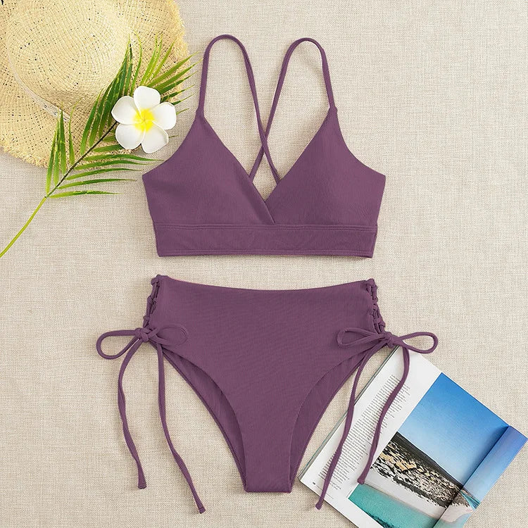 Bikini Set for Women, Sexy Swimsuit, Lace Up, Triangular Bikinis, Solid Color, Beach Swimwear, Bathing Suit