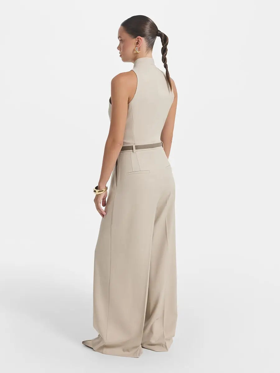 2026 New Women's Beige Halter Neck Jumpsuit with Belt, Sleeveless Wide Leg Pants, Elegant Formal & Office Outfit