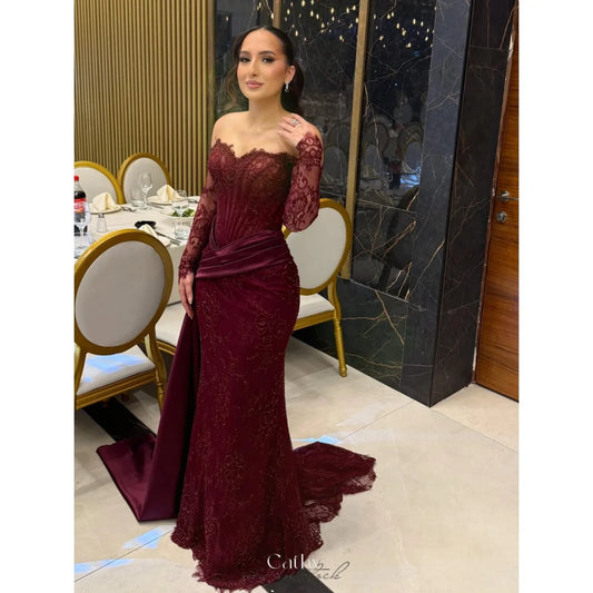 Burgundy Off Shoulder Long Sleeve Prom Dress Floor-Length vestidos de noche Lace Embroidery Formal Evening 2026