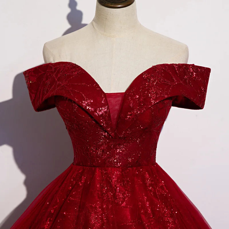 New Long Elegant Fit-and-Flare Evening Gown with One-Shoulder Tie-Up for Hostess and Art Examination, Women's Red Tulle Dress