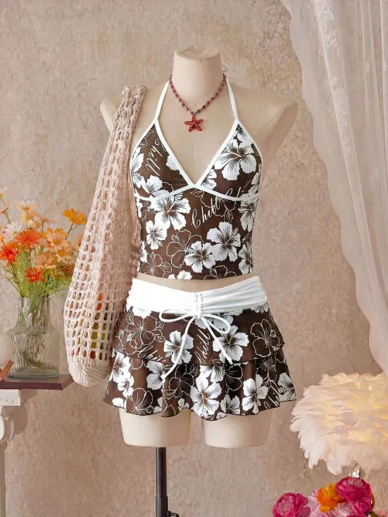 Top Bikini Brief Drawstring Tiered Ruffle Swim Skirt Tropical Beach Swimwear