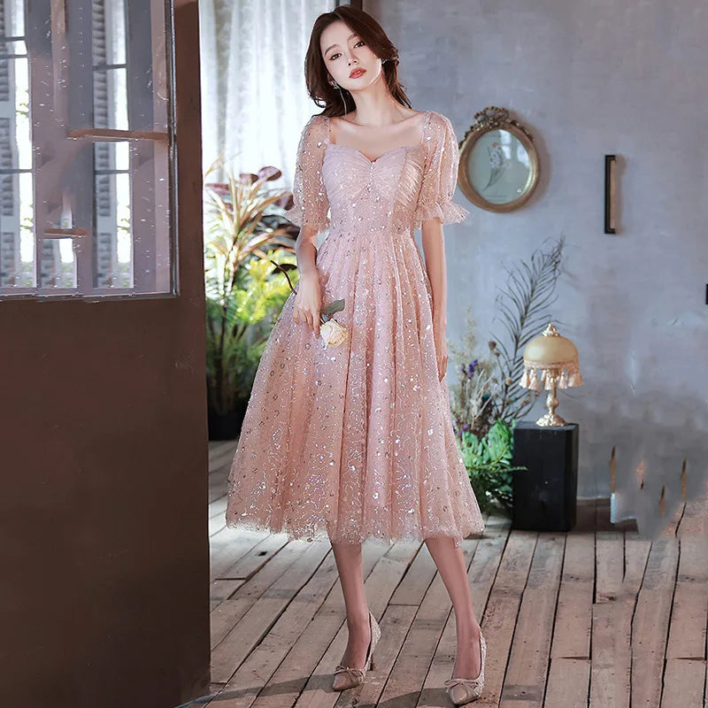 Pink Evening Prom Dresses for Women Sparkling Lantern Sleeve Summer Sexy Middle Party Birthday Ball Gown Dress Formal Vestidos