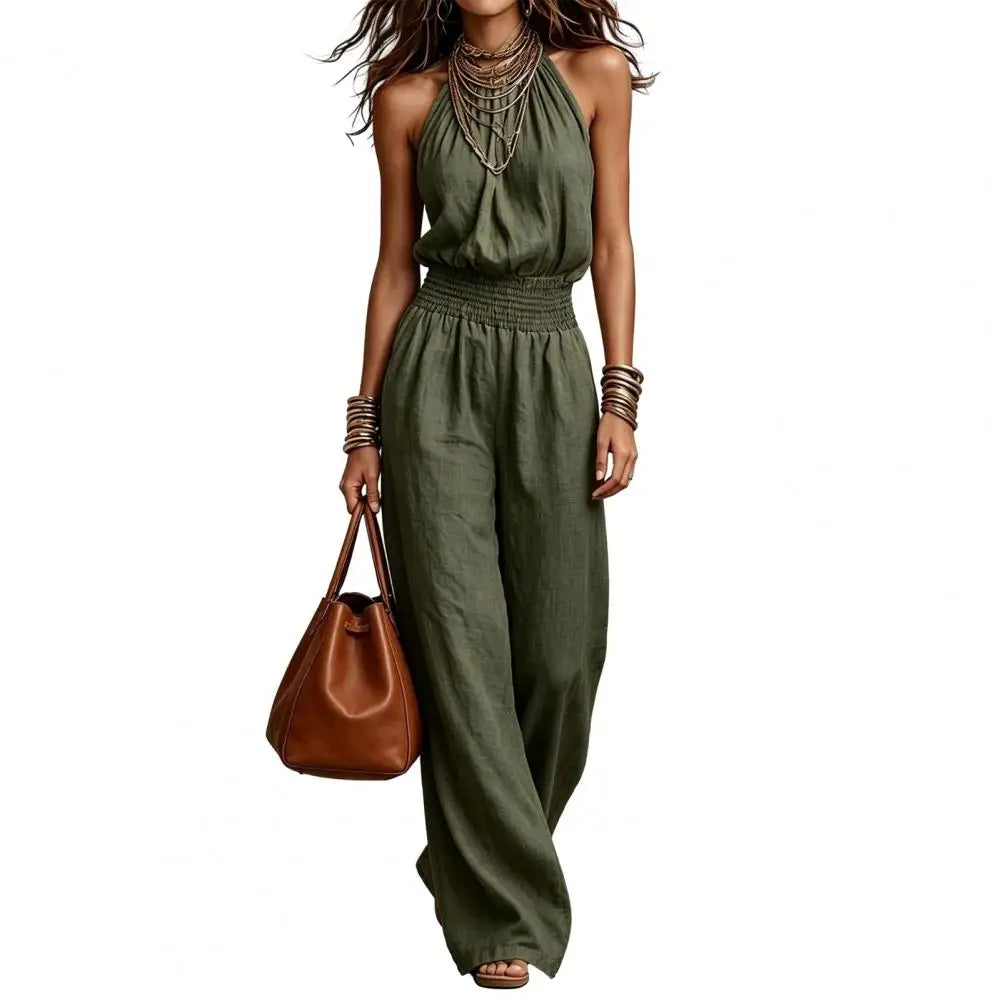 Women's Halter Neck Summer Jumpsuit Sleeveless Wide Leg Long Pants Romper High Waist One Piece Overalls