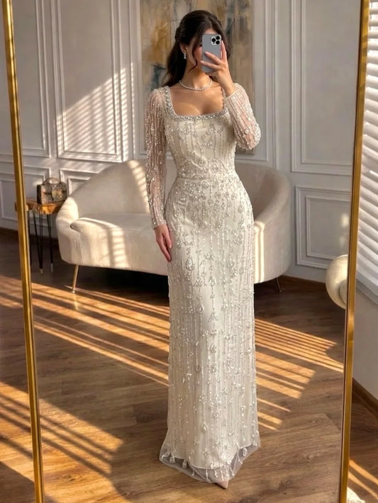 European Evening Dress Customized Ivory Tulle STRAIGHT Floor Length With Sequins Evening Dress Robes De