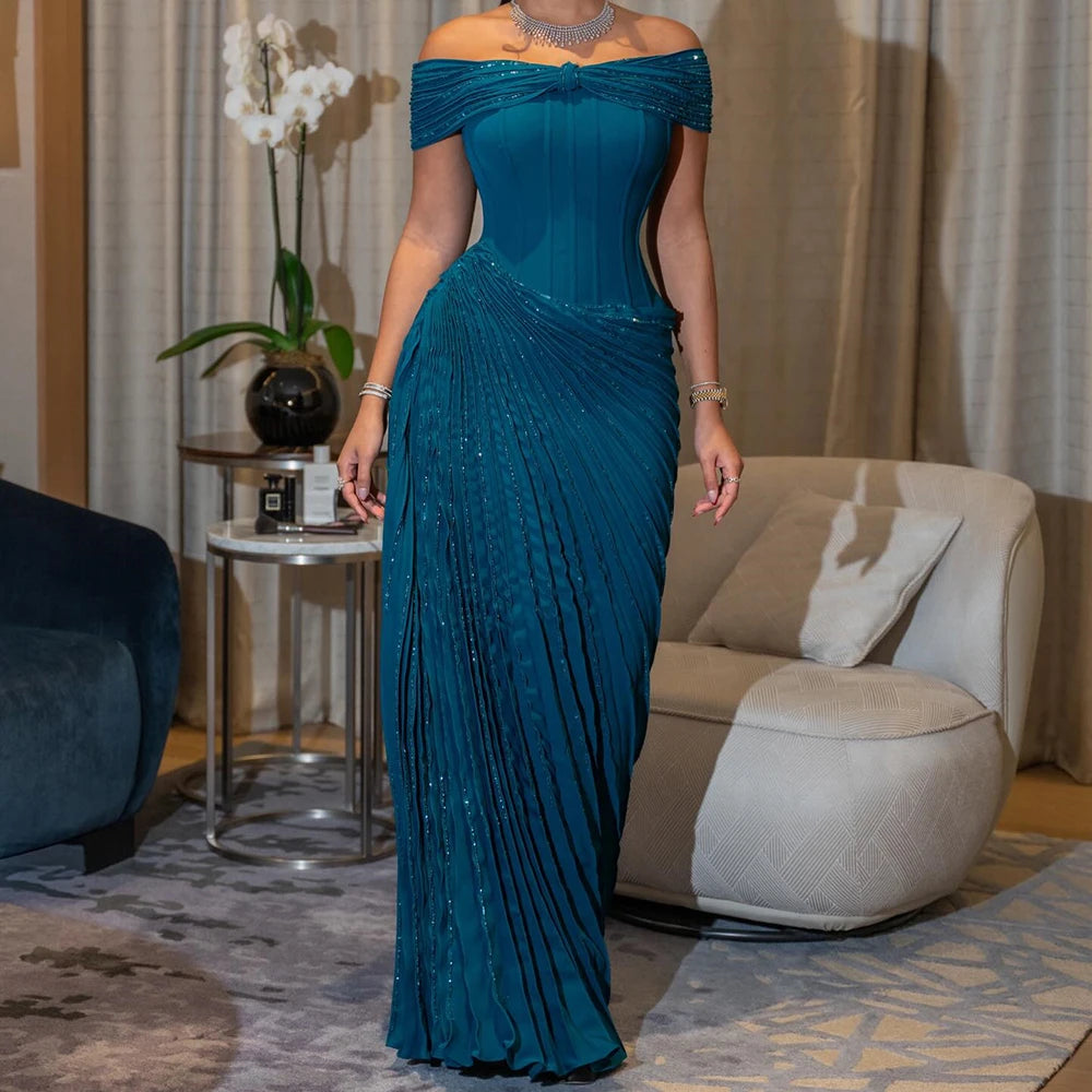 Women's A-line Evening Dresses Floor-length Off The Shoulder Sleeveless Prom Gown Fashion Sequined Simple Draped Gown