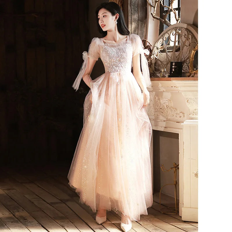 Stunning Mesh Evening Gown with Champagne Color Temperament, One Shoulder Fairy Style Long Banquet Gown, Sheer Dress Looks Slim