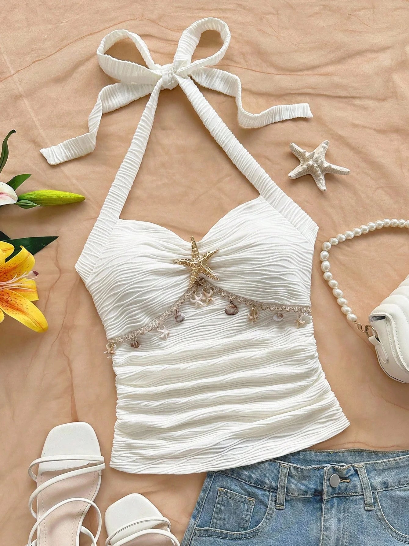 Women's starfish shell decoration, starfish metal button knitted fabric vest, suitable for parties
