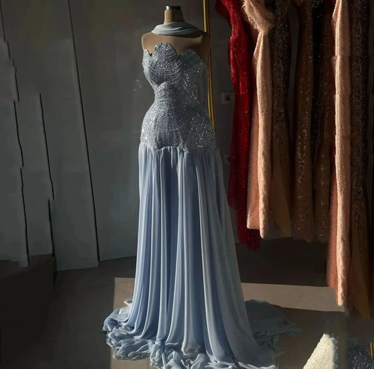 Women's Evening Dress Blue Prom Dresses for Special Occasions Beads A-line Party