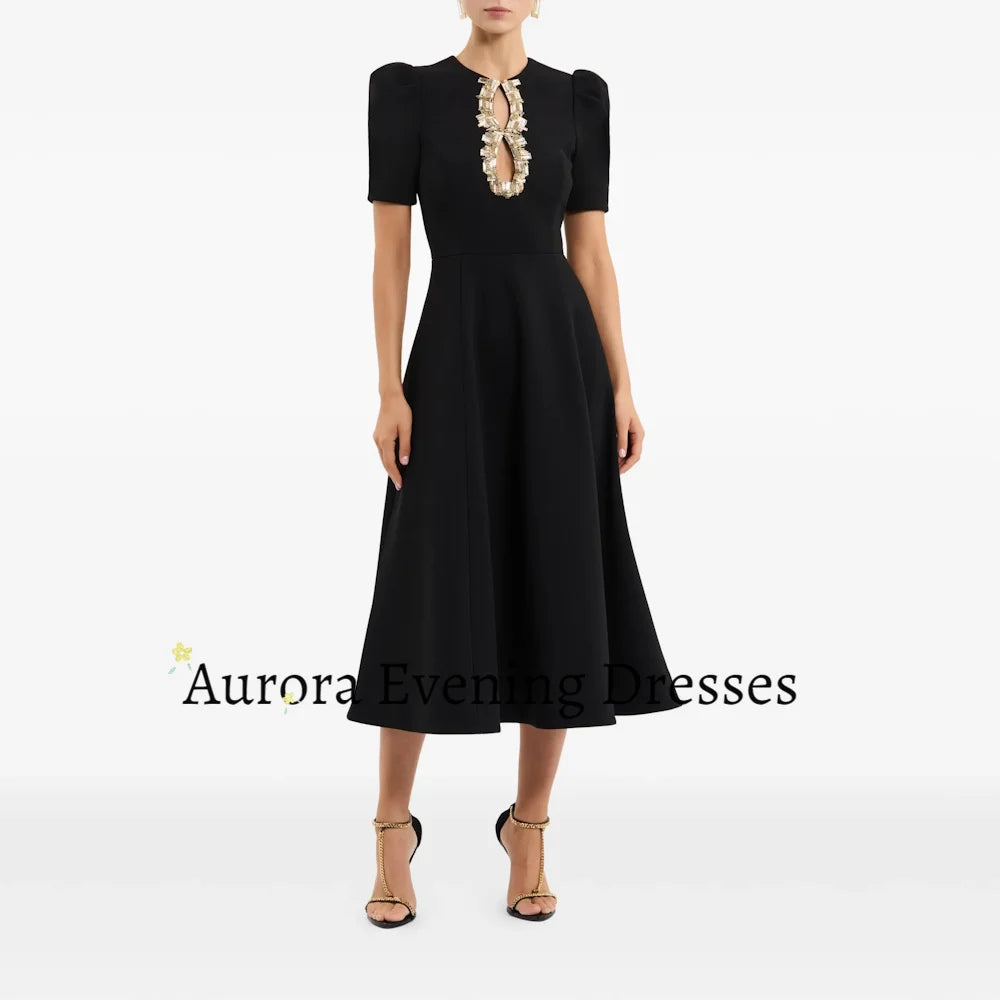 Luxury Black Crepe Midi Dress Gold Rhinestone Cutout Neck Puff Sleeve Formal Women Wedding Banquet Evening Party Gown