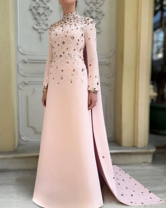 Evening Dresses Women High Collar Rhinestone Saudi Modern Style Long Sleeves A-line Party Dress