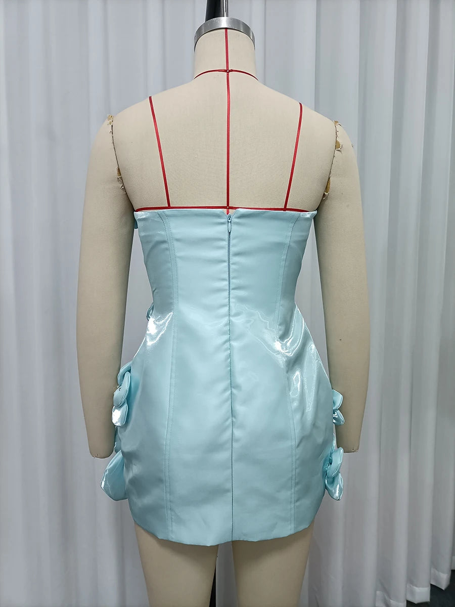 Strapless Corset Mini Cocktail Dress Sky Blue 3D Floral Appliques Rhinestone Satin Short Party Gown For Birthday Homecoming
