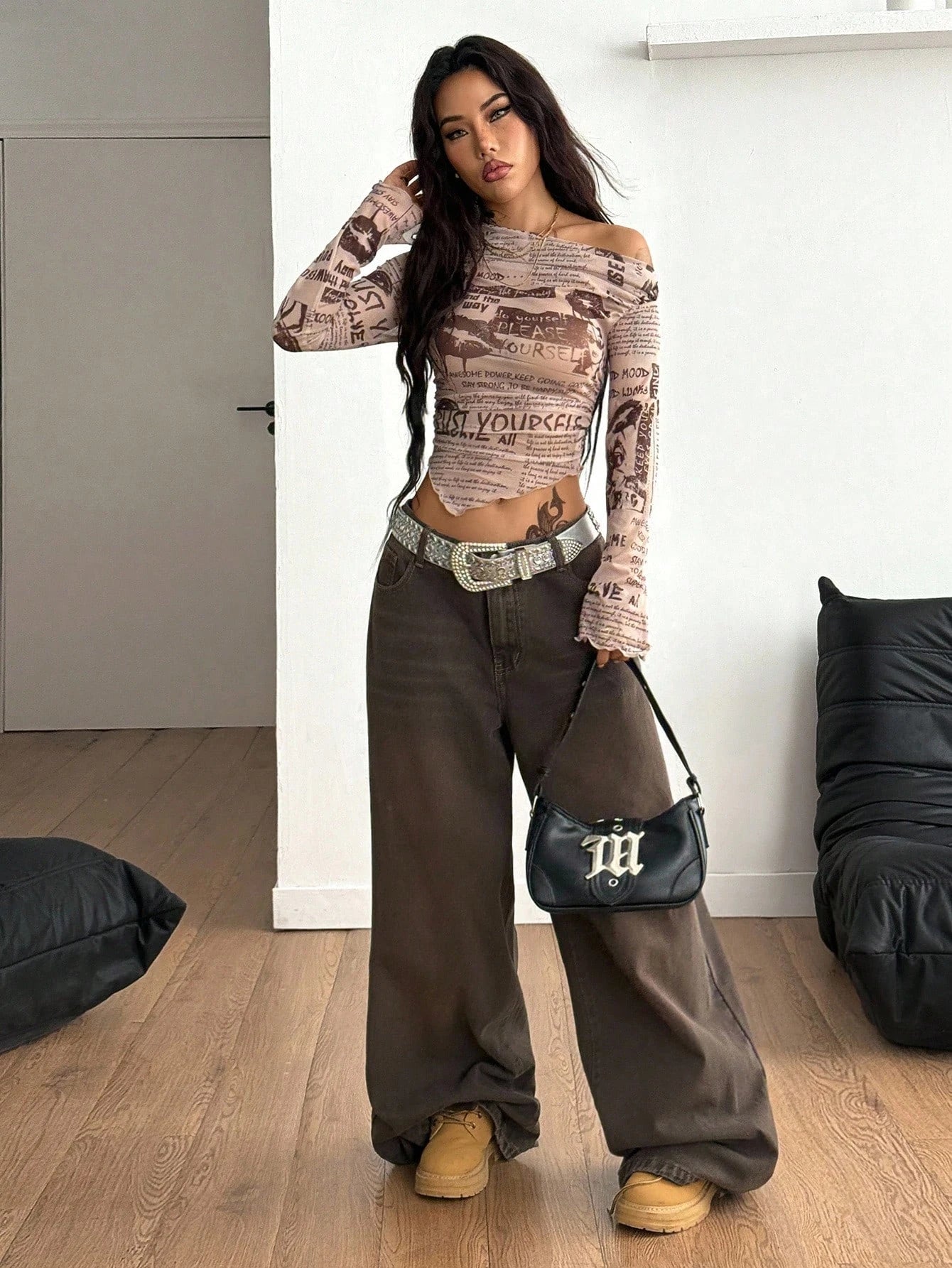 Women's Spring/Summer Retro Street Style Off-Shoulder Asymmetrical Neckline Top