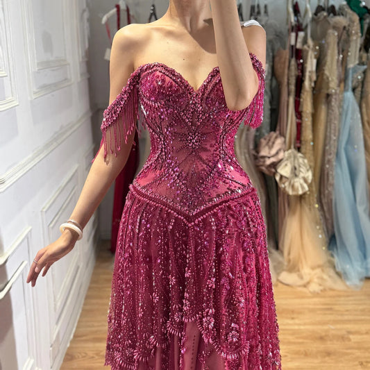 2026 Luxury Fuchsia Arabic Beaded A-Line Evening Dress With Tassels For Formal Wedding Party BLA73594 Customized