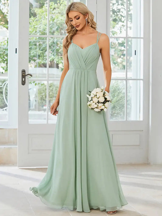 Elegant Evening Dress V Back Backless Floor-Length Ever Pretty of Chiffon Wrinkle Mint Green Bridesmaid Dress