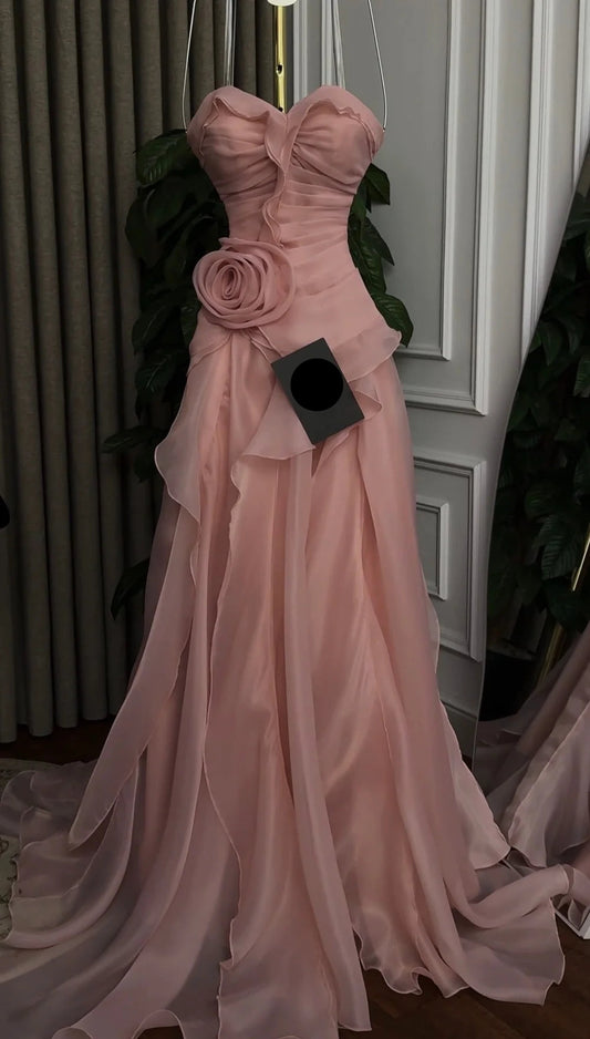 ROSE Pink elegant Sleeveless Satin Cascading Ruffle Prom Dresses Illusion vestidos de noche Formal Evening 2026