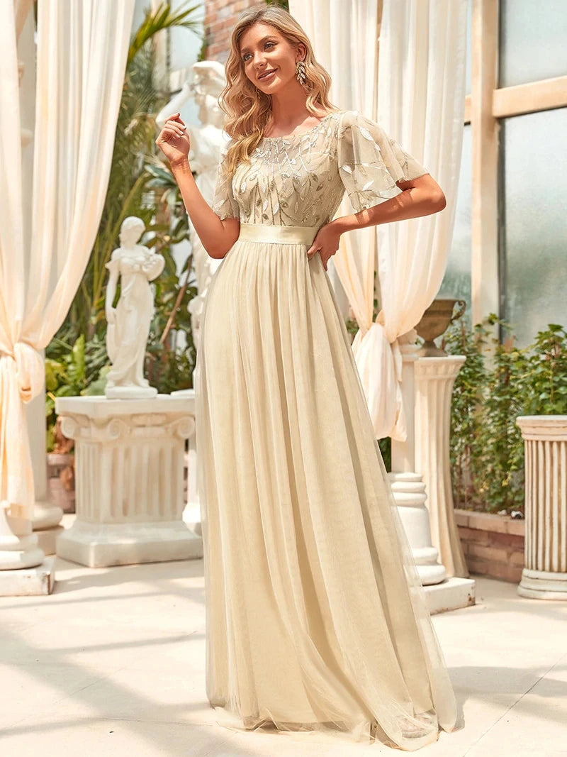 Print Maxi Long with Cap Sleeve Ever Pretty of Burgundy Gauze Prom Dresses Of Women