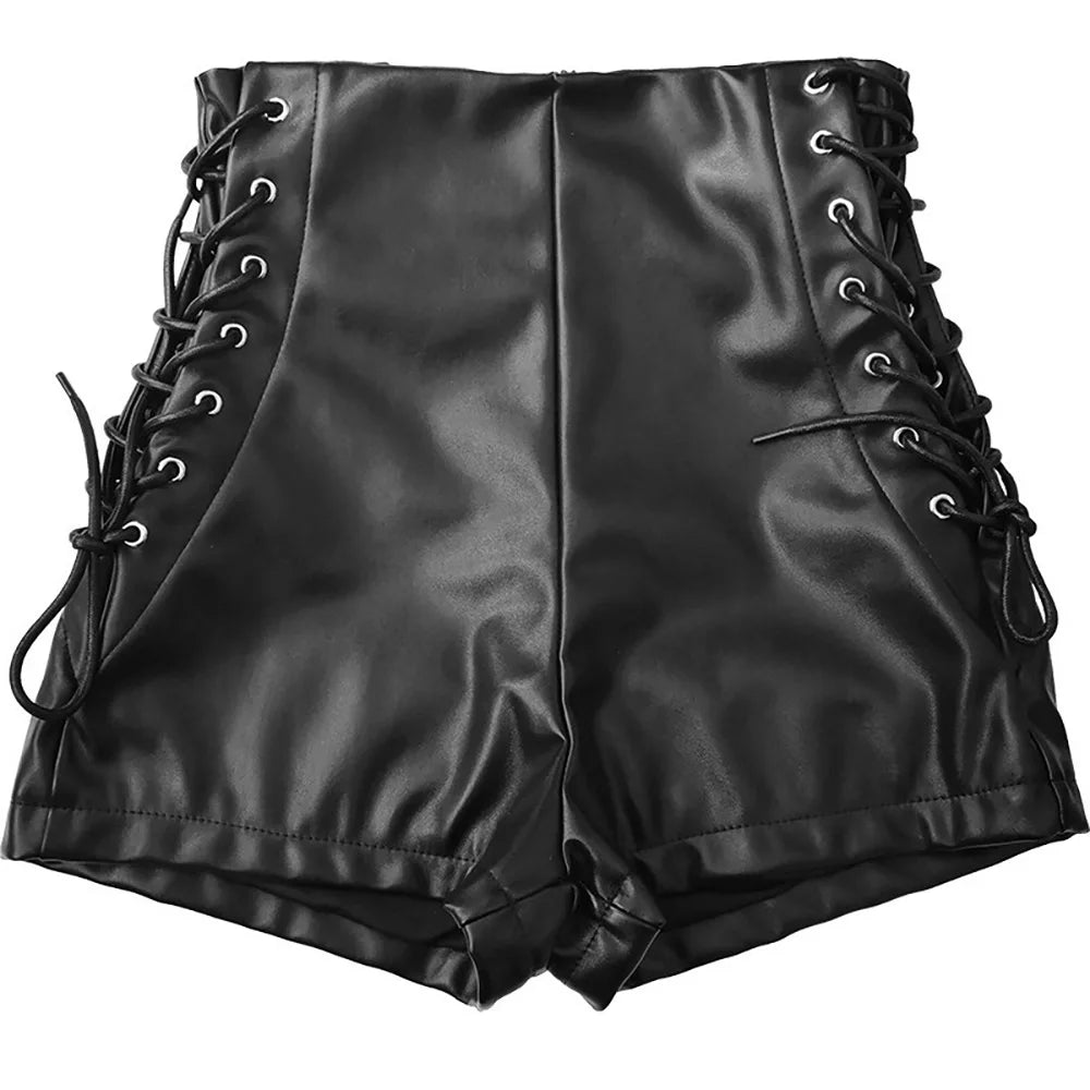 Sexy Black Summer Shorts Women Faux Leather Lace Up Goth Club High Waist Shorts Slim Short Pants Ecoparty