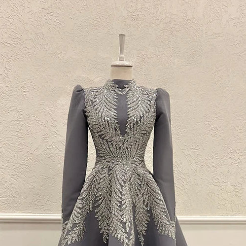 Woman Luxury Long Sleeve Shine Bead Applique Formal Prom Wedding Party Custon Gown A Line