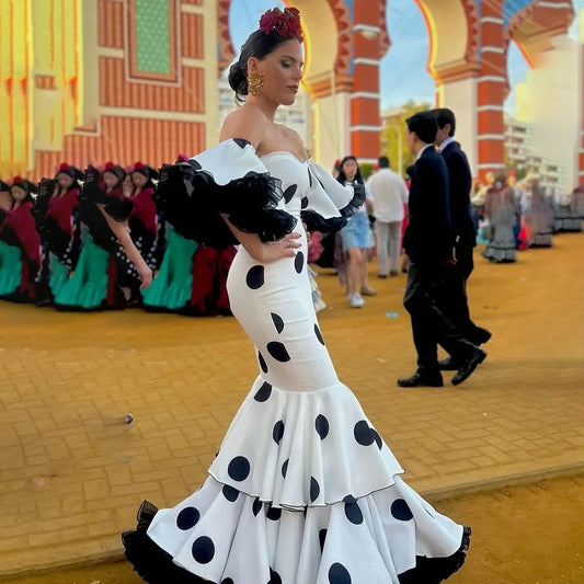 Evening Dress Long Sleeves Polka Dot Skirt 2026 Spanish Prom Dance Dresses Special Occasion Party Gowns