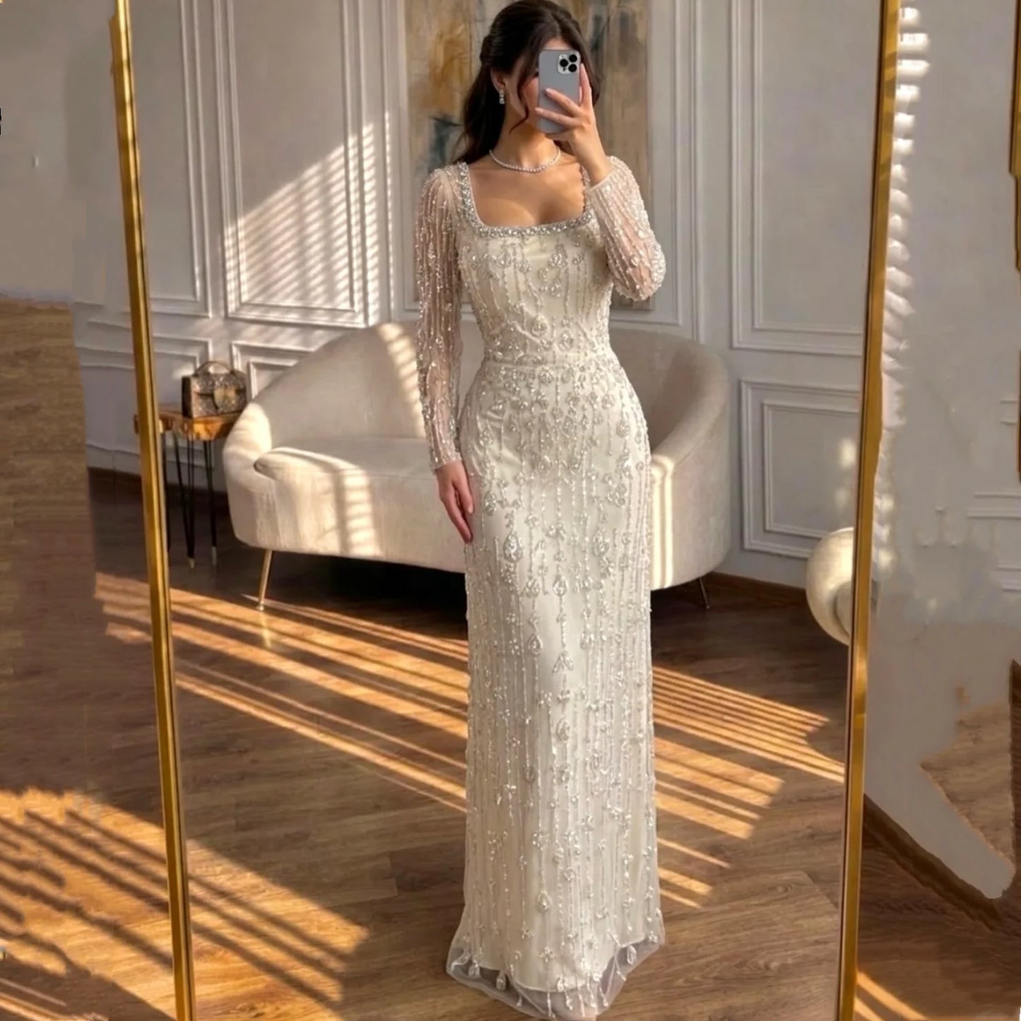 European Evening Dress Customized Ivory Tulle STRAIGHT Floor Length With Sequins Evening Dress Robes De