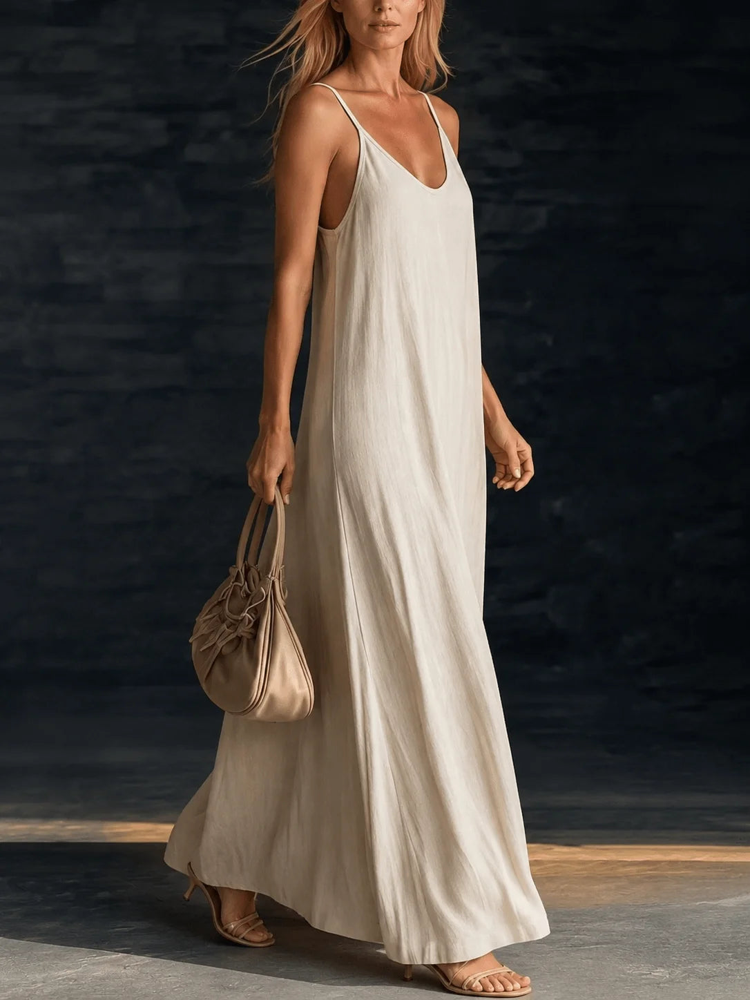Women's Loose-Fitting A-Line Long Dress with Thin Straps