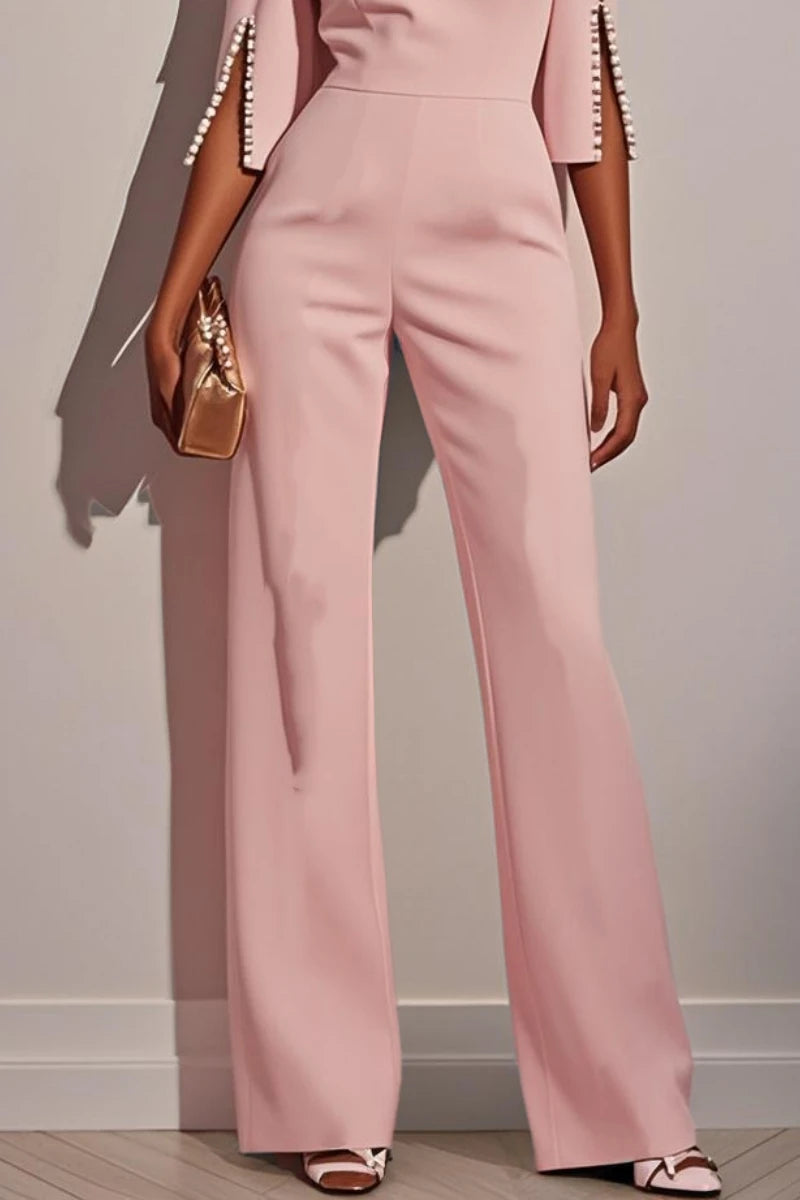 Women's Jumpsuit Casual Solid Color Length Sleeve Straight Round Neck Beaded High Waist Daily Going out Regular Fit Black