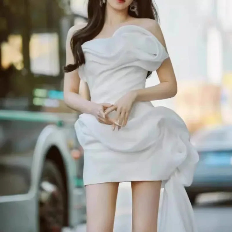 Korean Style Short Light Wedding Dress Strapless White Sexy Pure Desire Birthday Party Dress Bride Wedding