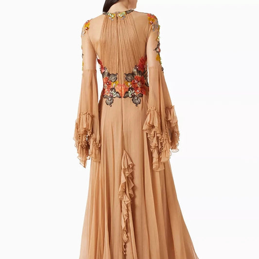 Women's A-line Evening Dresses Floor-length O-neck Full Sleeve Prom Gown Fashion Flowers Ruched Simple Draped Customized Gowns