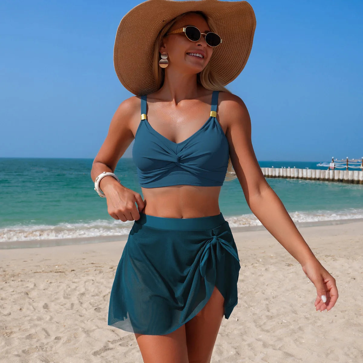 Black Strapped Knot Swimwear Women Cross Push Up Bikini Set Swimsuit Lady Solid Beach Mesh Skirt Bathing Suit