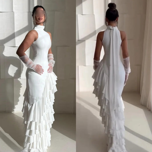 Modern Style Pastrol Chiffon Ruched Ruffle Tiered Mermaid Scoop Neck Long Dresses Bespoke Occasion Dresses Exquisite