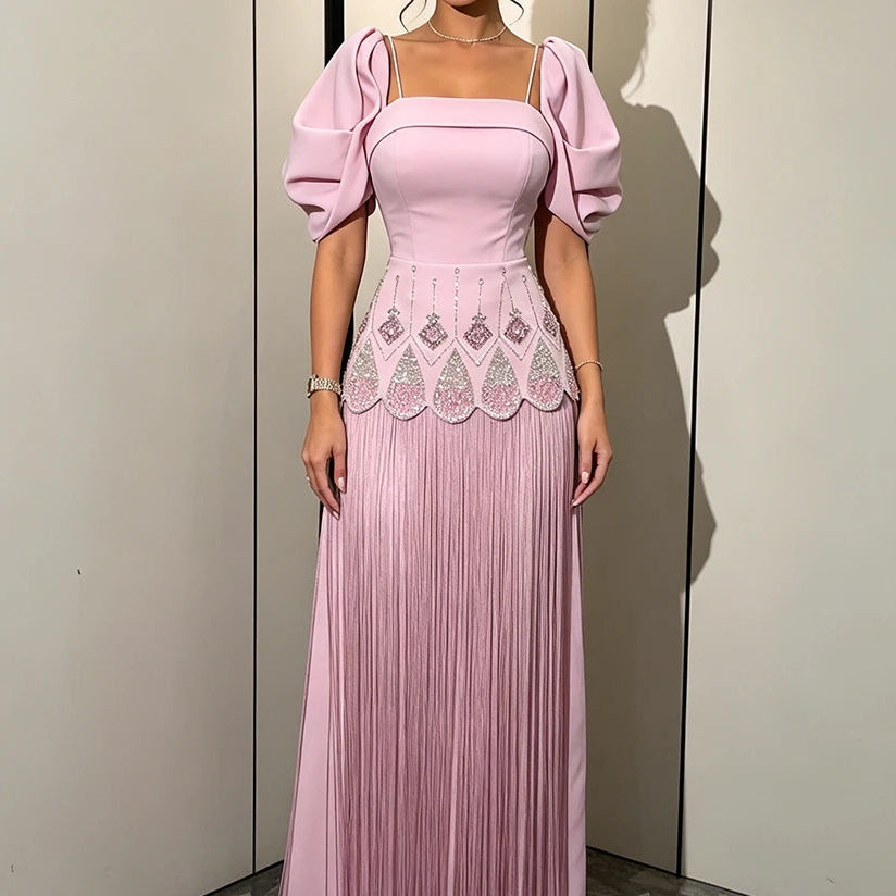 Women's A-line Evening Dresses Floor-length Square Collar Short Sleeve Prom Dresses Fashion Crystal