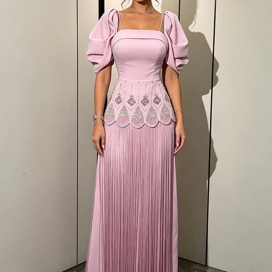 Women's A-line Evening Dresses Floor-length Square Collar Short Sleeve Prom Dresses Fashion Crystal