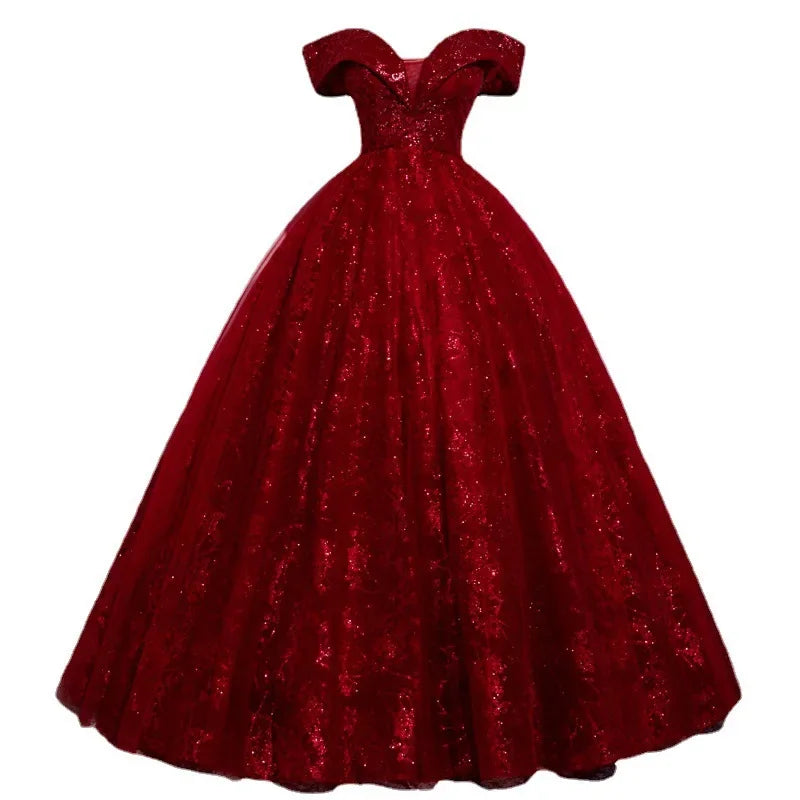 New Long Elegant Fit-and-Flare Evening Gown with One-Shoulder Tie-Up for Hostess and Art Examination, Women's Red Tulle Dress