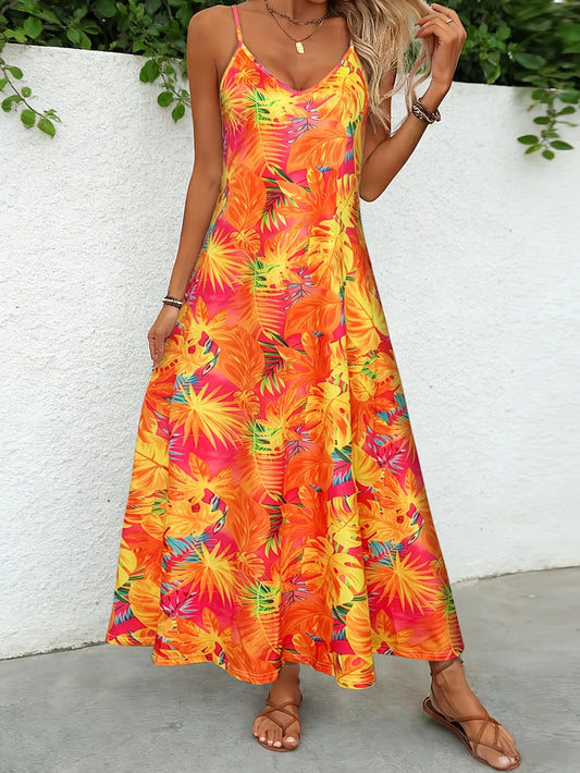 Women's Tropical Leaf Print Cami Maxi Dress Summer Casual V Neck Sleeveless A Line Flowy Sundress Beach Vacation