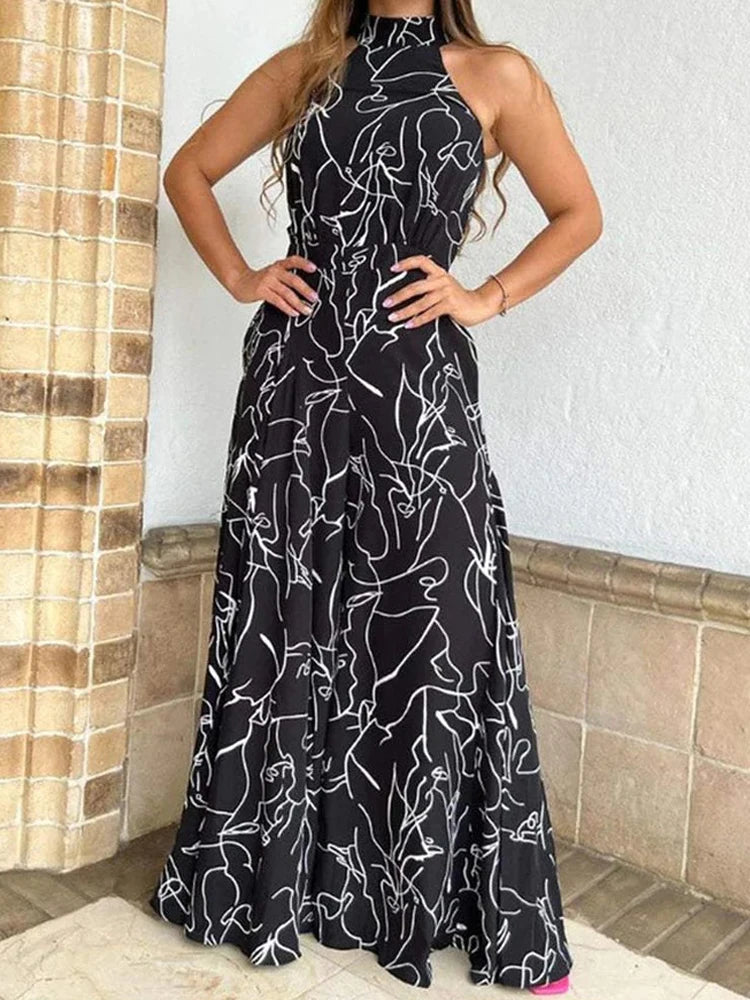 Summer Women's Elegant Waist Halter Jumpsuit Tie Sleeveless Wide Leg Long Pant Bodycon Abstract Print Streetwear Romper