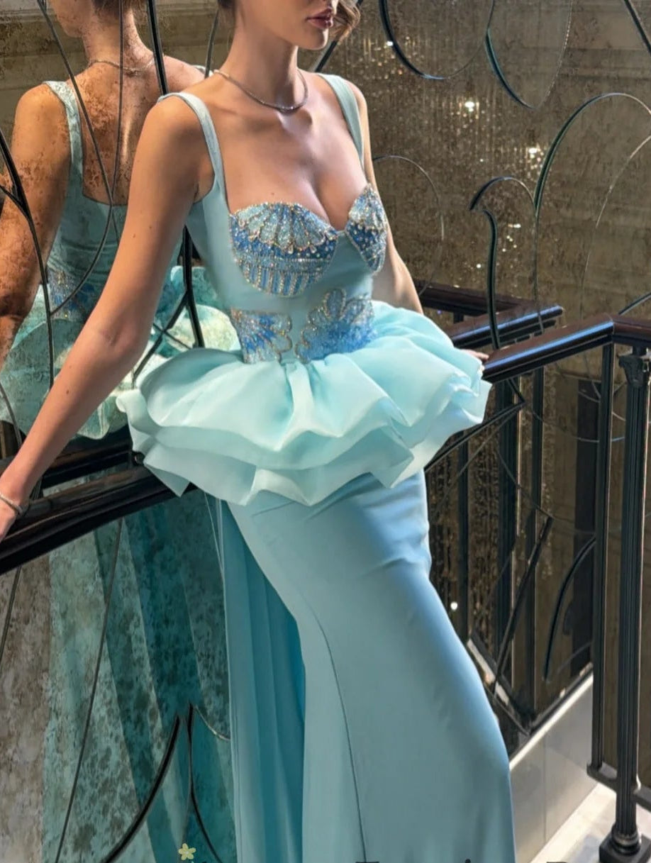 Corset Mermaid Evening Gowns Spaghetti Strap Sweetheart Organza Ruffle Floor-Length Prom Gown Abito Da Sera