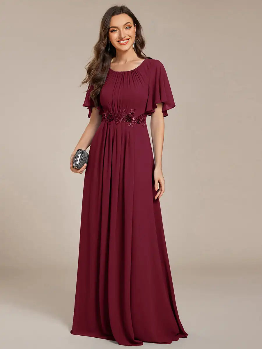 Elegant Evening Dresses Short Sleeves Pleated Applique Floor-Length Ever Pretty of A-Line Dusty Navy Bridesmaid Dress