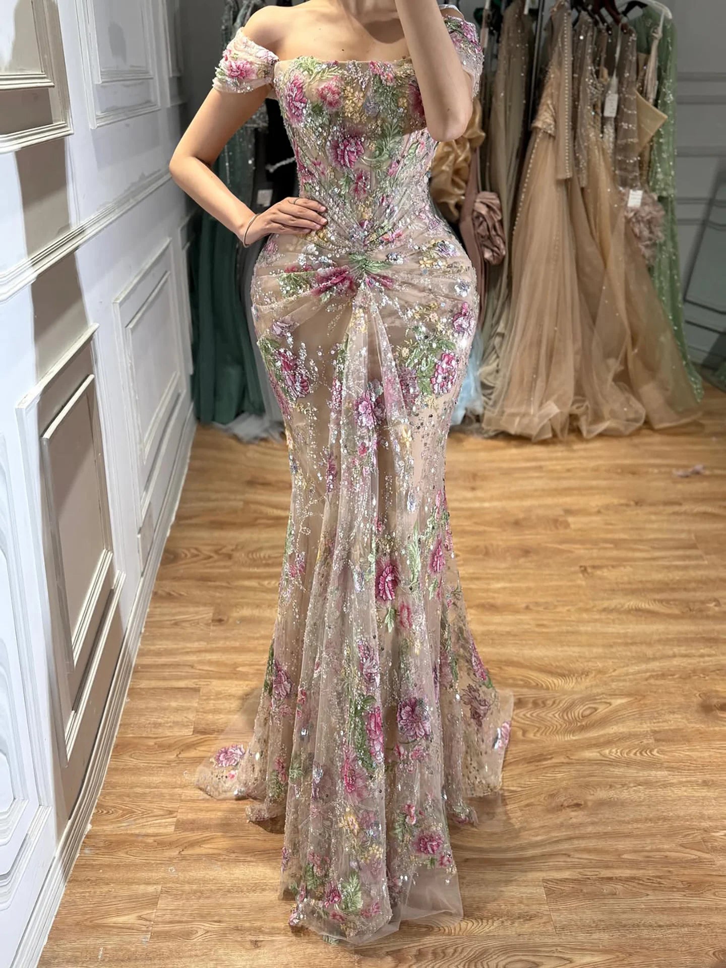 Serene Hill 2026 Luxury Nude Pink Floral Beaded Mermaid Evening Dress Gowns For Wedding Party