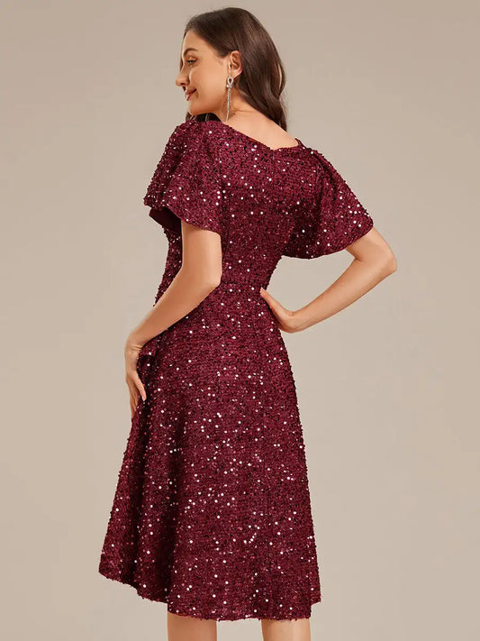 Evening Dress Short Sleeve Ruffle Sequin Deep V-Neck High-Low Ever Pretty of Burgundy Formal Dresses