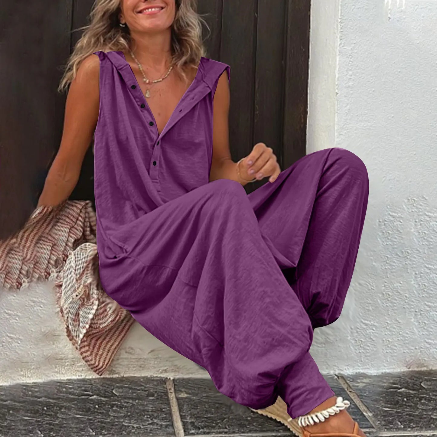 Hot Sale Women Solid Hooded Jumpsuit Button Sleeveless Loose Baggy Long Pants Romper