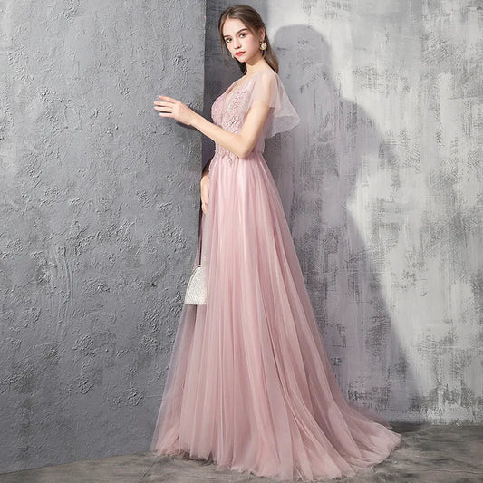 2026 Summer New Women's Banquet Pink Evening Dress Fashionable Look Slimming and Skinny Bareback Long Mesh