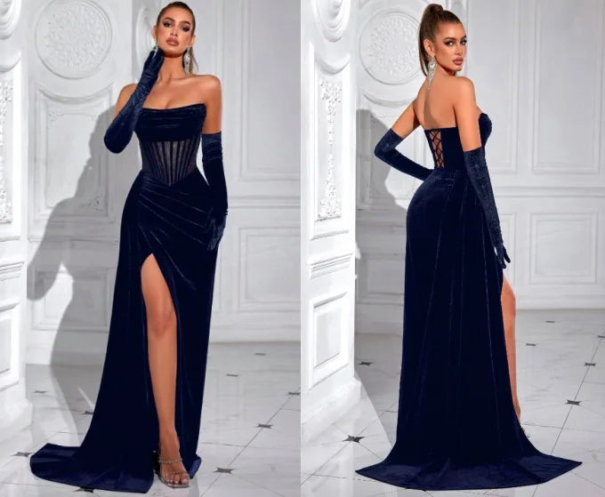 Elegant Korean Velvet Long Dress Sexy Fishbone Sash Strapless Evening Gown High End Adult Women's Fashion Summer 2025