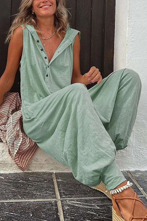 Hot Sale Women Solid Hooded Jumpsuit Button Sleeveless Loose Baggy Long Pants Romper